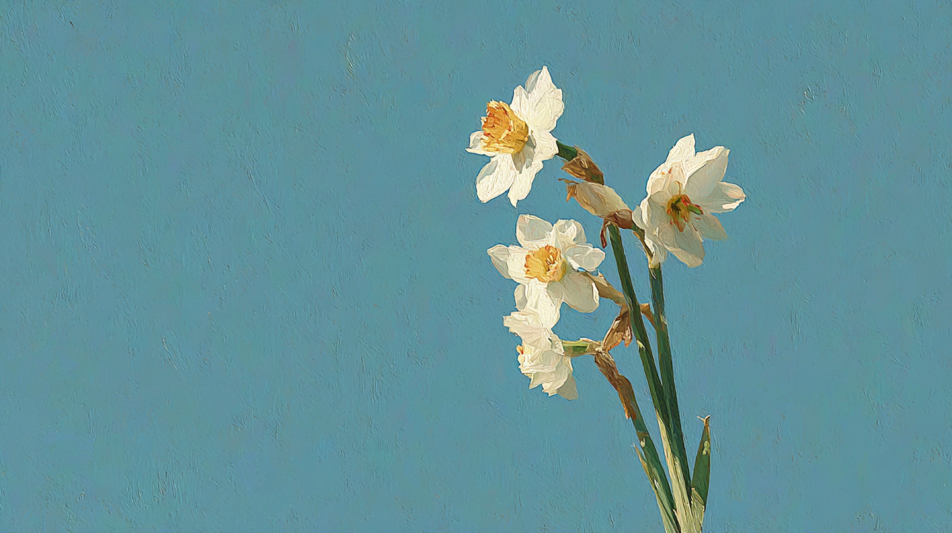White daffodils painted on blue background