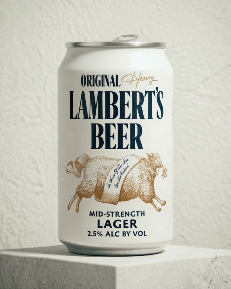 Lambert's Beer can on stone ledge with natural lighting