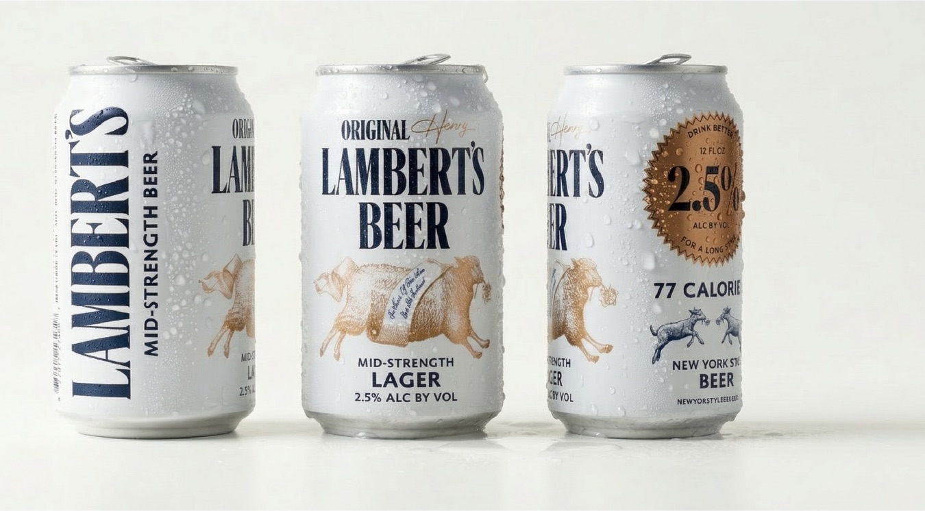 Lambert's Beer can from three angles — front label, angled view, and medallion side